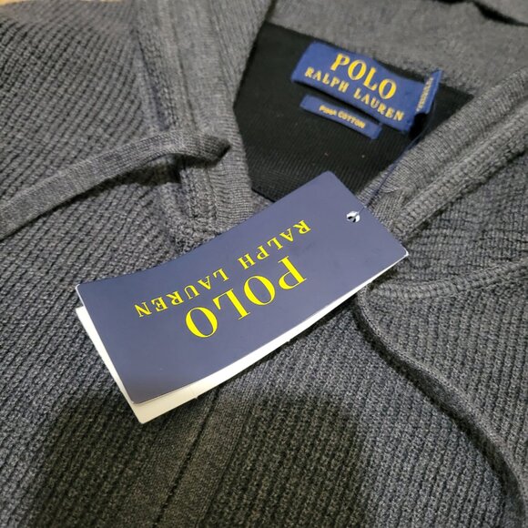 Polo Ralph Lauren Waffle Knit Full Zip Hoodie Lightweight Jacket Dark Grey Pima - Picture 4 of 11